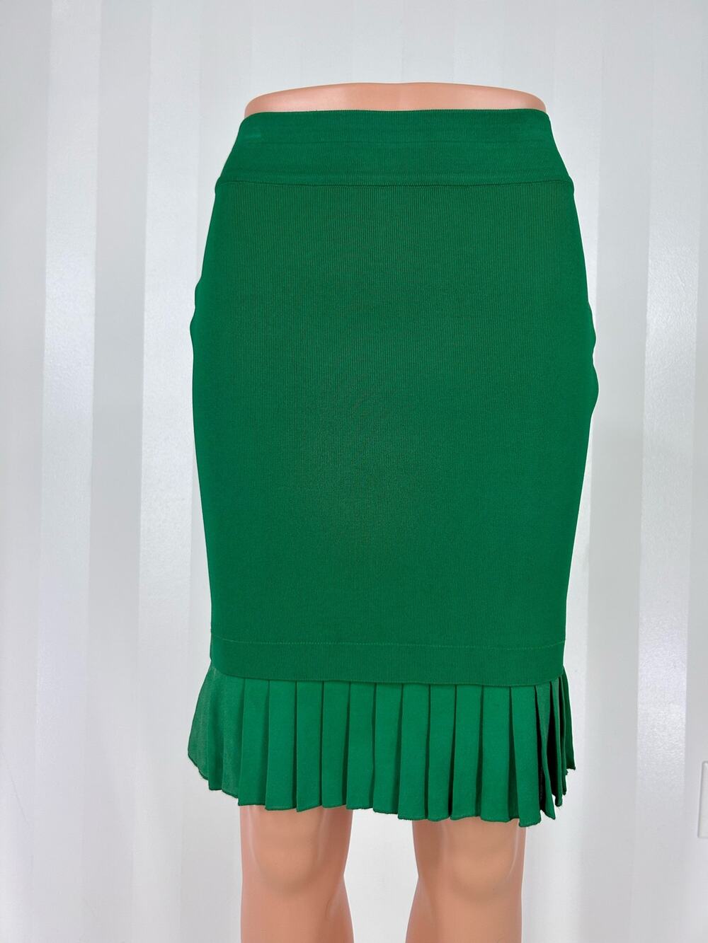 Yigal Azrouël Green Knit Pencil Skirt Pleated Ruffle Hem Silk Trim Sz S